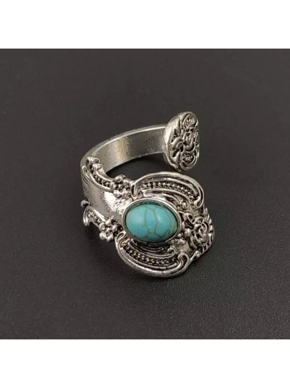 Boho Rose and Flowers with Faux Turquoise Adjustable Spoon Ring #1221 - Picture 15 of 16